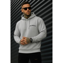 EYDAMOON Erkek Kışlık Minimal Los Angeles Baskılı Pamuklu Regular Kapüşonlu Kanguru Cepli Sweatshirt