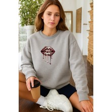 EYDAMOON Kadın Kışlık Pamuklu Leopar Dudak Baskılı Regular Bisiklet Yaka Sweatshirt