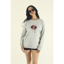 EYDAMOON Kadın Kışlık Pamuklu Leopar Dudak Baskılı Regular Bisiklet Yaka Sweatshirt