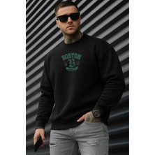 EYDAMOON Erkek Kışlık Pamuklu Boston Baskılı Regular Bisiklet Yaka Sweatshirt