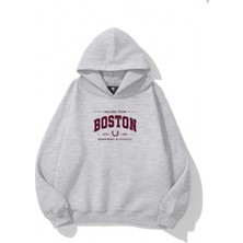 EYDAMOON Kadın Kışlık Boston Yazılı Pamuklu Kapüşonlu Regular Sweatshirt