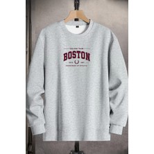 EYDAMOON Unisex Kışlık Boston Baskılı Regular Pamuklu Bisiklet Yaka Sweatshirt