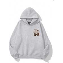 EYDAMOON Kadın Kışlık Pamuklu Minimal Leopard Cherry Baskılı Regular Kapüşonlu Sweatshirt