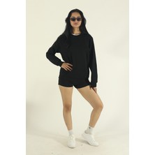 EYDAMOON Kadın Siyah Kışlık Içi Polarlı Pamuklu Puf Kumaş Bisiklet Yaka Sweatshirt