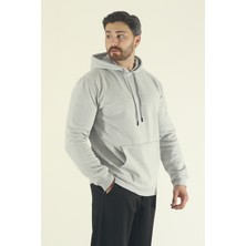 EYDAMOON Erkek Gri Kışlık Relax Fit Içi Polarlı Kapüşonlu Kanguru Cepli Sweatshirt
