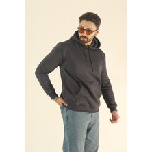 EYDAMOON Erkek Basic Kışlık Yumuşak Dokulu Sweatshirt - Koyu Füme Regular Kanguru Cepli Kapüşonlu