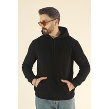 EYDAMOON Erkek Basic Kışlık Içi Polarlı Sweatshirt - Siyah Regular Kanguru Cepli Kapüşonlu