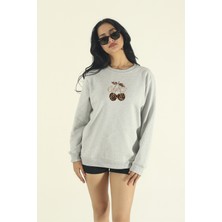 EYDAMOON Kadın Kışlık Pamuklu Leopard Cherry Baskılı Regular Bisiklet Yaka Sweatshirt