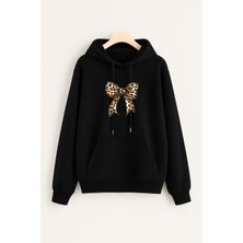 EYDAMOON Kadın Kışlık Pamuklu Leopar Fiyonk Baskılı Kapüşonlu Kanguru Cepli Regular Sweatshirt