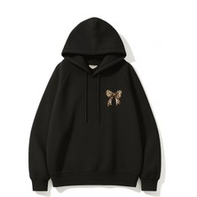 EYDAMOON Kadın Kışlık Pamuklu Minimal Leopar Fiyonk Baskılı Regular Kapüşonlu Sweatshirt