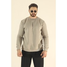 EYDAMOON Erkek Basic Kışlık Içi Polarlı Sweatshirt - Taş Regular Bisiklet Yaka