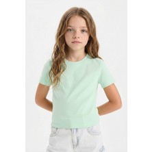 DeFacto Slim Fit Dar Kesim Bisiklet Yaka Ribana Basic Düz Kısa Kollu Tişört Kız Çocuk B3054A825SM