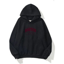 EYDAMOON Kadın Kışlık Içi Yünlü Boston Baskılı Kapüşonlu Kanguru Cepli Regular Sweatshirt