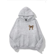 EYDAMOON Kadın Kışlık Minimal Leopar Fiyonk Baskılı Kapüşonlu Kanguru Cepli Regular Sweatshirt