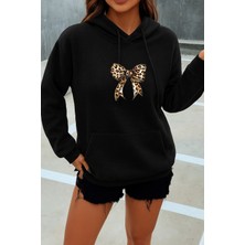 EYDAMOON Kadın Kışlık Pamuklu Leopar Fiyonk Baskılı Kapüşonlu Kanguru Cepli Regular Sweatshirt