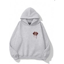 EYDAMOON Kadın Kışlık Pamuklu Minimal Leopar Dudak Baskılı Regular Kapüşonlu Sweatshirt