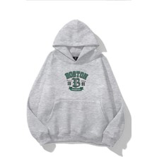 EYDAMOON Kadın Kışlık Pamuklu Boston Baskılı Kapüşonlu Kanguru Cepli Regular Sweatshirt