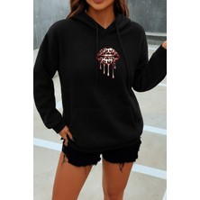 EYDAMOON Kadın Kışlık Pamuklu Leopar Dudak Baskılı Kapüşonlu Kanguru Cepli Regular Sweatshirt