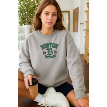 EYDAMOON Kadın Kışlık Içi Yünlü Boston Baskılı Regular Bisiklet Yaka Sweatshirt