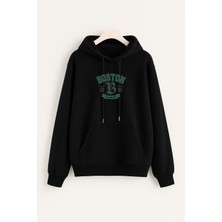 EYDAMOON Erkek Kışlık Boston Baskılı Pamuklu Kapüşonlu Kanguru Cepli Regular Sweatshirt