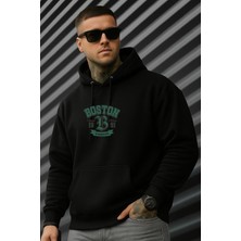 EYDAMOON Erkek Kışlık Boston Baskılı Pamuklu Kapüşonlu Kanguru Cepli Sweatshirt