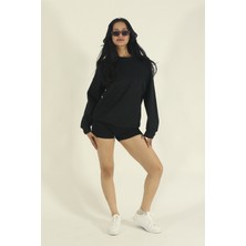 EYDAMOON Kadın Siyah Kışlık Relaxed Içi Polarlı Pamuklu Bisiklet Yaka Sweatshirt