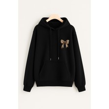 EYDAMOON Kadın Kışlık Minimal Leopar Fiyonk Baskılı Kapüşonlu Kanguru Cepli Regular Sweatshirt