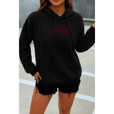 EYDAMOON Kadın Kışlık Pamuklu Boston Baskılı Kapüşonlu Kanguru Cepli Regular Sweatshirt