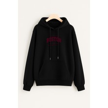EYDAMOON Unisex Kışlık Boston Baskılı Regular Pamuklu Kapüşonlu Sweatshirt