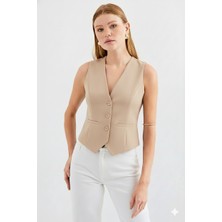 Ribana Classic Kadın Kruvaze Kesim Slim Fit V Yaka Düğme Detaylı Yelek