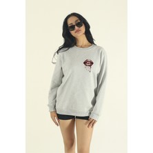 EYDAMOON Kadın Kışlık Pamuklu Minimal Leopar Dudak Baskılı Regular Bisiklet Yaka Sweatshirt