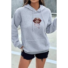 EYDAMOON Kadın Kışlık Pamuklu Leopar Dudak Baskılı Kapüşonlu Kanguru Cepli Regular Sweatshirt