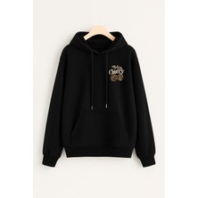 EYDAMOON Kadın Kışlık Minimal Leopard Cherry Baskılı Kapüşonlu Kanguru Cepli Regular Sweatshirt