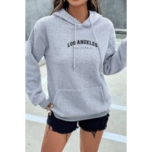EYDAMOON Kadın Kışlık Pamuklu Los Angeles Baskılı Kapüşonlu Kanguru Cepli Regular Sweatshirt
