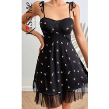 Ruselin Tül Detaylı Çiçek Desenli Askısı Bağlamalı Gecelik