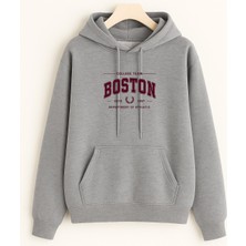 EYDAMOON Unisex Kışlık Boston Baskılı Regular Pamuklu Kapüşonlu Sweatshirt