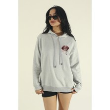 EYDAMOON Kadın Kışlık Pamuklu Minimal Leopar Dudak Baskılı Regular Kapüşonlu Sweatshirt
