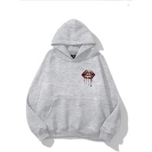 EYDAMOON Kadın Kışlık Pamuklu Minimal Leopar Dudak Baskılı Kapüşonlu Kanguru Cepli Regular Sweatshirt