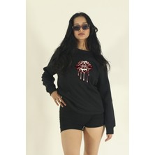 EYDAMOON Kadın Kışlık Pamuklu Leopar Dudak Baskılı Regular Bisiklet Yaka Sweatshirt