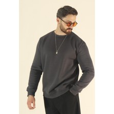 EYDAMOON Erkek Basic Kışlık Içi Polarlı Sweatshirt - Koyu Füme Regular Bisiklet Yaka