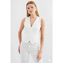 Ribana Classic Kadın Kruvaze Kesim Slim Fit V Yaka Düğme Detaylı Yelek