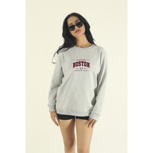 EYDAMOON Kadın Kışlık Içi Yünlü Boston Baskılı Regular Bisiklet Yaka Sweatshirt