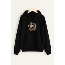 EYDAMOON Kadın Kışlık Pamuklu Leopar Dudak Baskılı Kapüşonlu Kanguru Cepli Regular Sweatshirt