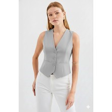 Ribana Classic Kadın Kruvaze Kesim Slim Fit V Yaka Düğme Detaylı Yelek