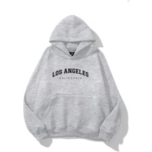 EYDAMOON Kadın Kışlık Pamuklu Los Angeles Baskılı Kapüşonlu Kanguru Cepli Regular Sweatshirt