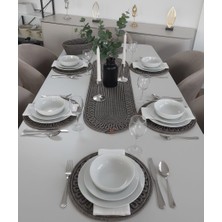 Mtg Jüt Tasarım El Emeği Doğal Jüt Kordon Halattan Kırçıllı Kahve Desenli Amerikan Servis Takımı / 6 Adet Supla / 1 Adet Runner / 1 Adet Ekmek Sepeti