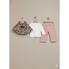 Selvira Kız Çocuk Leopar Desenli Peluş Pelerinli Pembe Pantolonlu ve T-Shirt 3'lü Takım