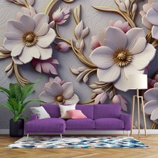 3 Boyutlu Lila Çiçek Desenli Duvar Kağıdı