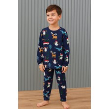 Cg Kids Noel Yılbaşı Temalı %100 Pamuk Unisex Çocuk Pijama Takımı Lacivert Geyik