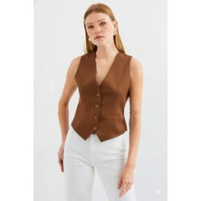 Ribana Classic Kadın Kruvaze Kesim Slim Fit V Yaka Düğme Detaylı Yelek